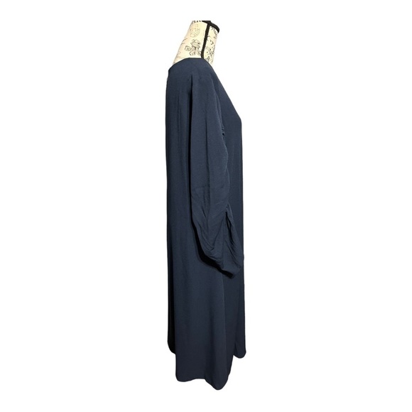 Tibi Ruched Convertible Bell Sleeve Cinched Stretch Crepe Midi Dress Navy Blue 8 - Picture 6 of 11